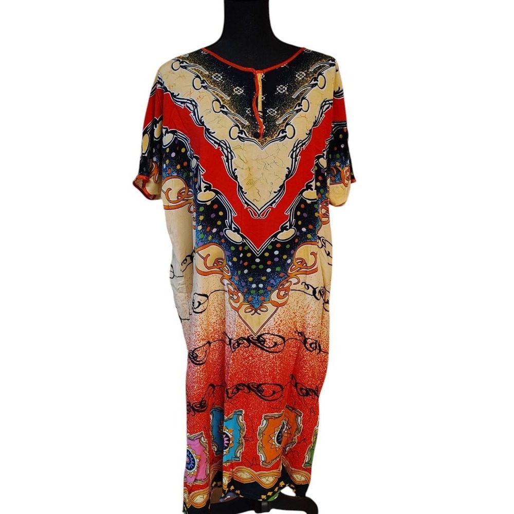 Vintage Kratonmas Batik Kaftan House Dress Red Multi Patterned Boho Loungewear